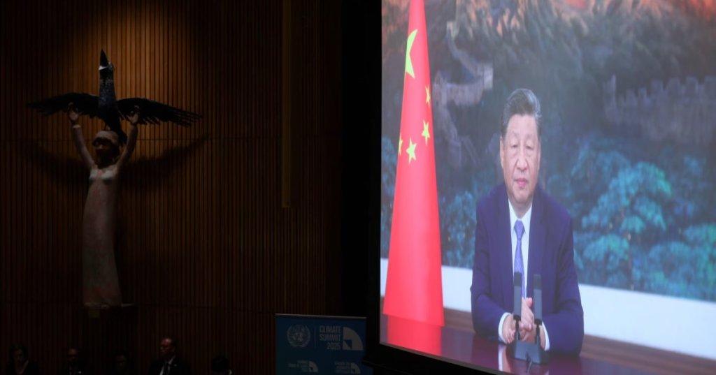 Chinese President Xi Jinping delivers a speech via video at the UN climate conference on the 24th (local time). /Courtesy of AFP Yonhap News