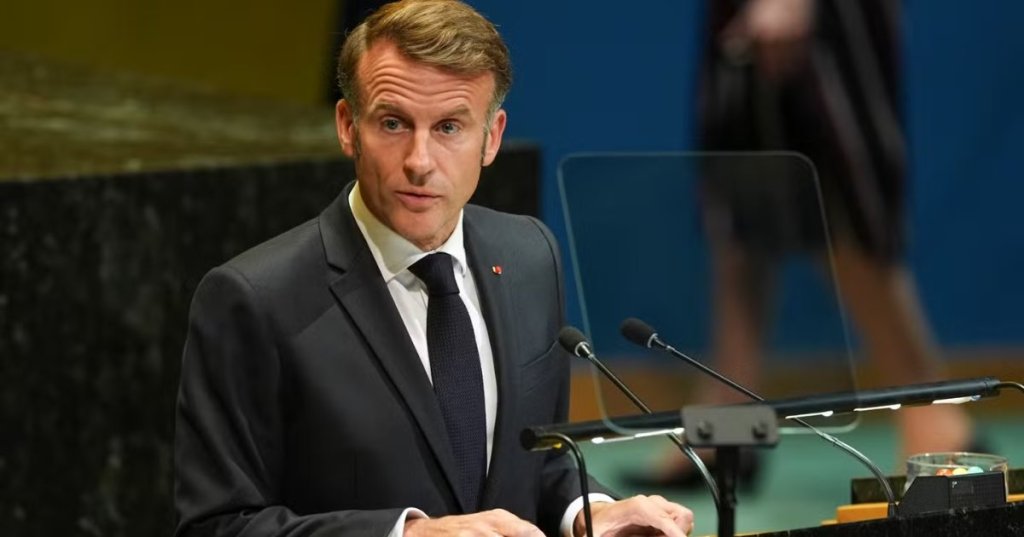 French President Emmanuel Macron speaks during a high-profile meeting at the United Nations aimed at galvanizing support for a two-state solution to the Israeli-Palestinian conflict on September 22, 2025, at UN headquarters. ANGELINA KATSANIS / AP