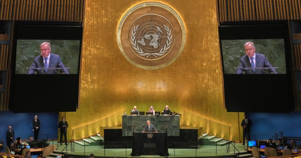 U.N. Secretary-General António Guterres addresses the United Nations General Assembly, July 28. Richard Drew/AP