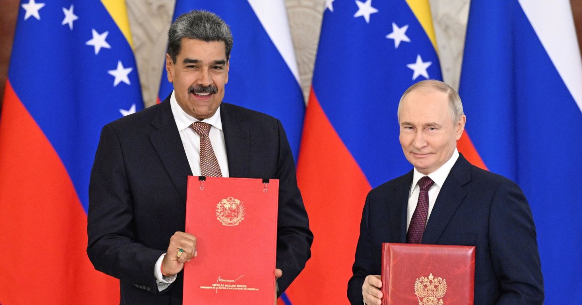 Venezuelan President Nicolas Maduro (left) and Russian President Vladimir Putin attend a signing ceremony after their meeting at the Kremlin in Moscow, Russia, May 7, 2025.