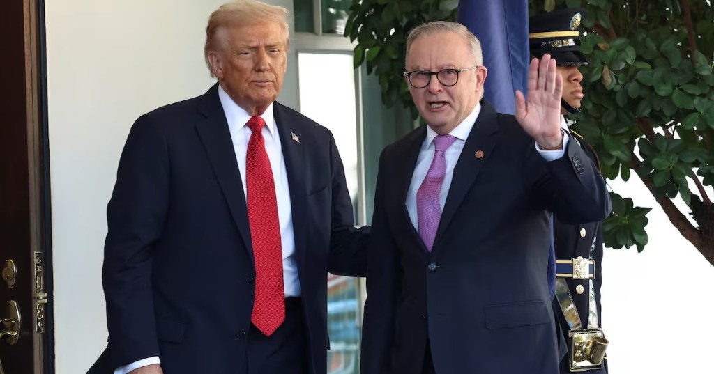 U.S. President Donald Trump welcomes Australia’s Prime Minister Anthony Albanese at the White House in Washington, D.C., U.S. October 20, 2025. REUTERS/Kevin Lamarque