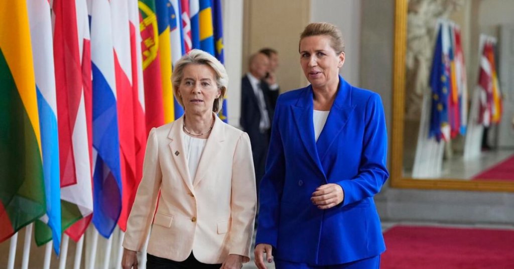 European Commission president Ursula von der Leyen (left) and Danish Prime Minister Mette Frederiksen at the defence meeting in Copenhagen on Oct 1. (PHOTO: EPA)