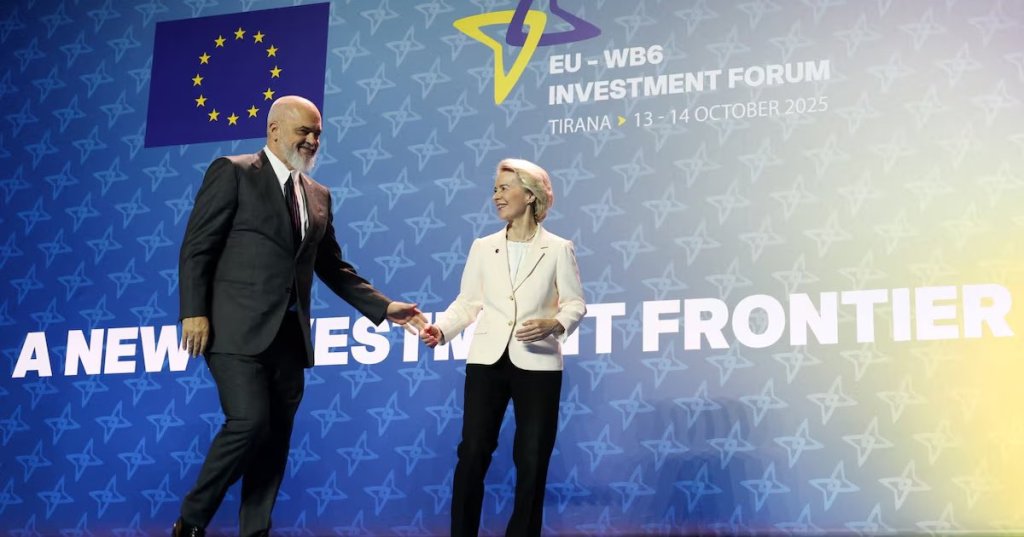 European Commission President Ursula von der Leyen and Prime Minister of Albania Edi Rama walk during the Investment Forum in Tirana, Albania, October 13, 2025. REUTERS/Florion Goga