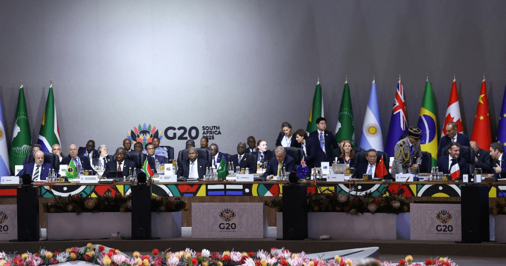 Leaders attend a plenary session on the opening day of the G20 Summit at the Nasrec Expo Centre in Johannesburg, South Africa, November 22, 2025. REUTERS/Yves Herman