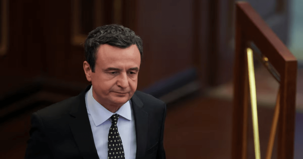 Acting Prime Minister of Kosovo and Vetevendosje party leader Albin Kurti arrives for the parliamentary session in Pristina, Kosovo, November 19, 2025. Kosovo's ruling Vetevendosje party on Wednesday failed to secure enough votes in the parliament to form the government, pushing the country towards a snap election. REUTERS/Valdrin Xhemaj