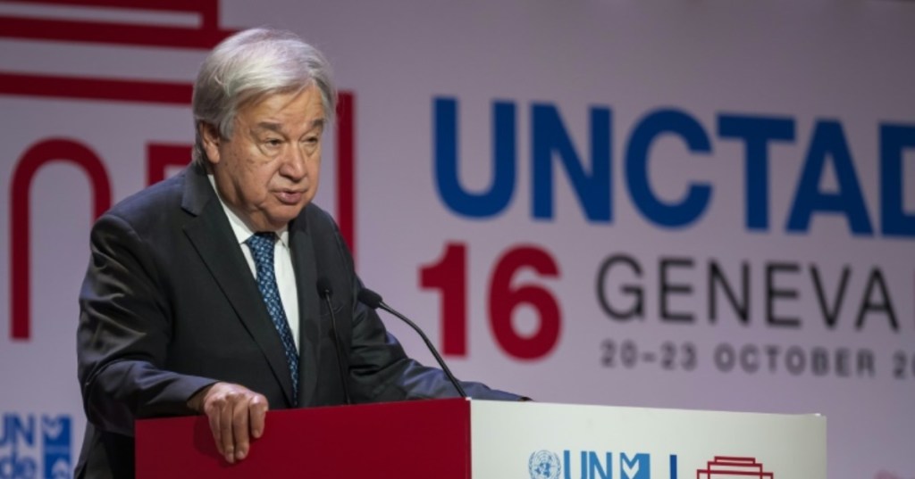 UN Secretary-General Antonio Guterres speaking at 16th UN Conference on Trade and Development (UNCTAD) in Geneva on Wednesday (Oct. 22)– Copyright AFP/File Sameer Al-DOUMY