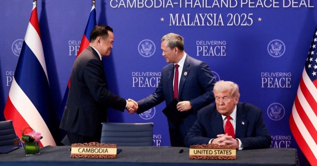 Thailand's Prime Minister Anutin Charnvirakul and Cambodia’s Prime Minister Hun Manet shake hands next to U.S. President Donald Trump, on the day of the signing of a ceasefire deal between Cambodia and Thailand on the sidelines of the 47th Association of Southeast Asian Nations (ASEAN) summit in Kuala Lumpur, Malaysia, October 26, 2025. (Reuters)