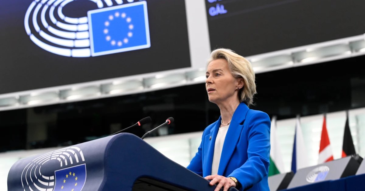European Commission president Ursula von der Leyen speak before a no-confidence vote against the European Commission, Monday, Oct. 6, 2025 at the European Parliament in Strasbourg, eastern France. (AP Photo/Pascal Bastien)