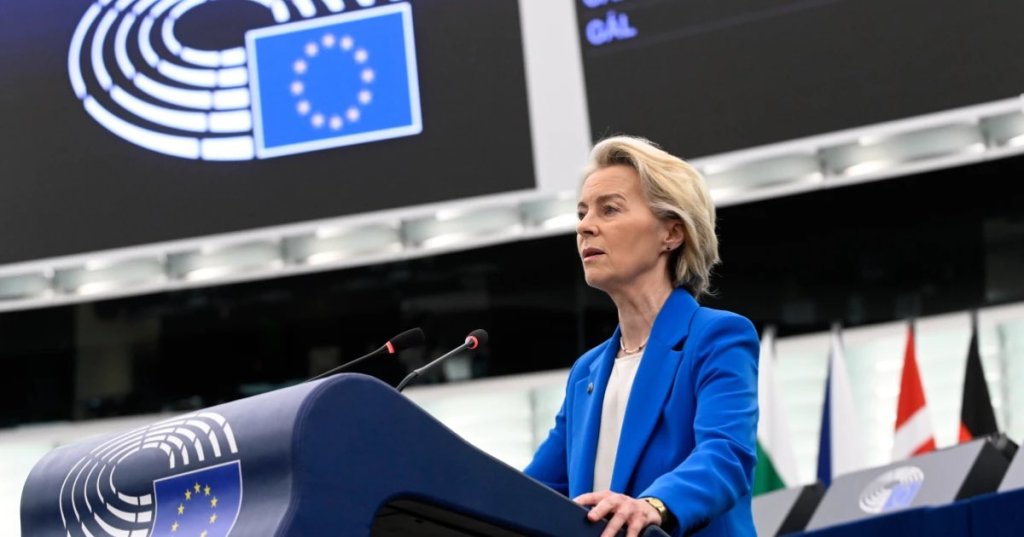 European Commission president Ursula von der Leyen speak before a no-confidence vote against the European Commission, Monday, Oct. 6, 2025 at the European Parliament in Strasbourg, eastern France. (AP Photo/Pascal Bastien)