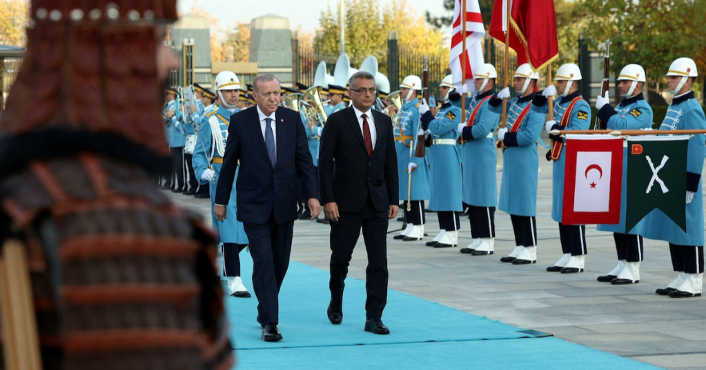Türkiye's President Tayyip Erdogan and Turkish Cypriot leader Tufan Erhurman attend a welcoming ceremony at the Presidential Palace in Ankara, Türkiye, November 13, 2025. Murat Cetinmuhurdar/PPO/Handout via REUTERS
