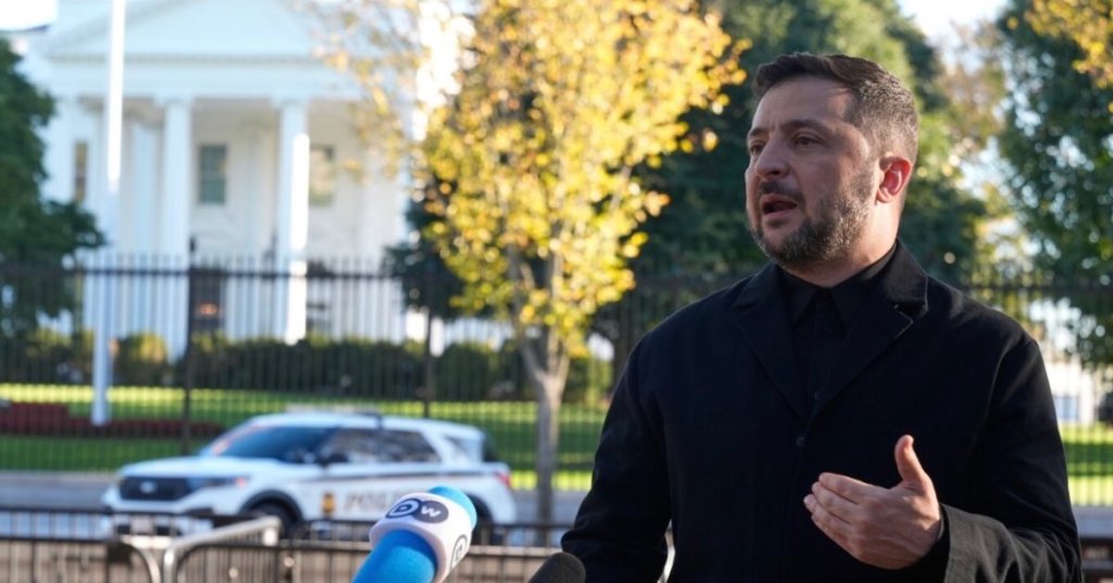 Ukraine's President Volodymyr Zelenskyy speaks to reporters in Lafayette Park across the street from the White House, following a meeting with President Donald Trump, Friday, Oct. 17,2025, in Washington.