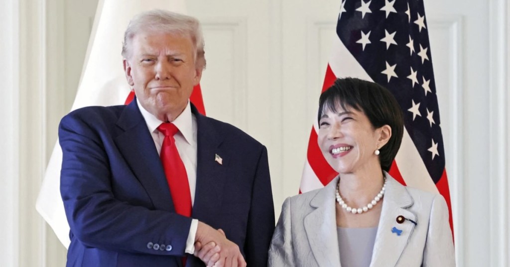 President Donald Trump, left, and Japanese Prime Minister Sanae Takaichi shake hands before their summit talk at Akasaka Palace in Tokyo, Tuesday, Oct. 28, 2025. (Kyodo News via AP)