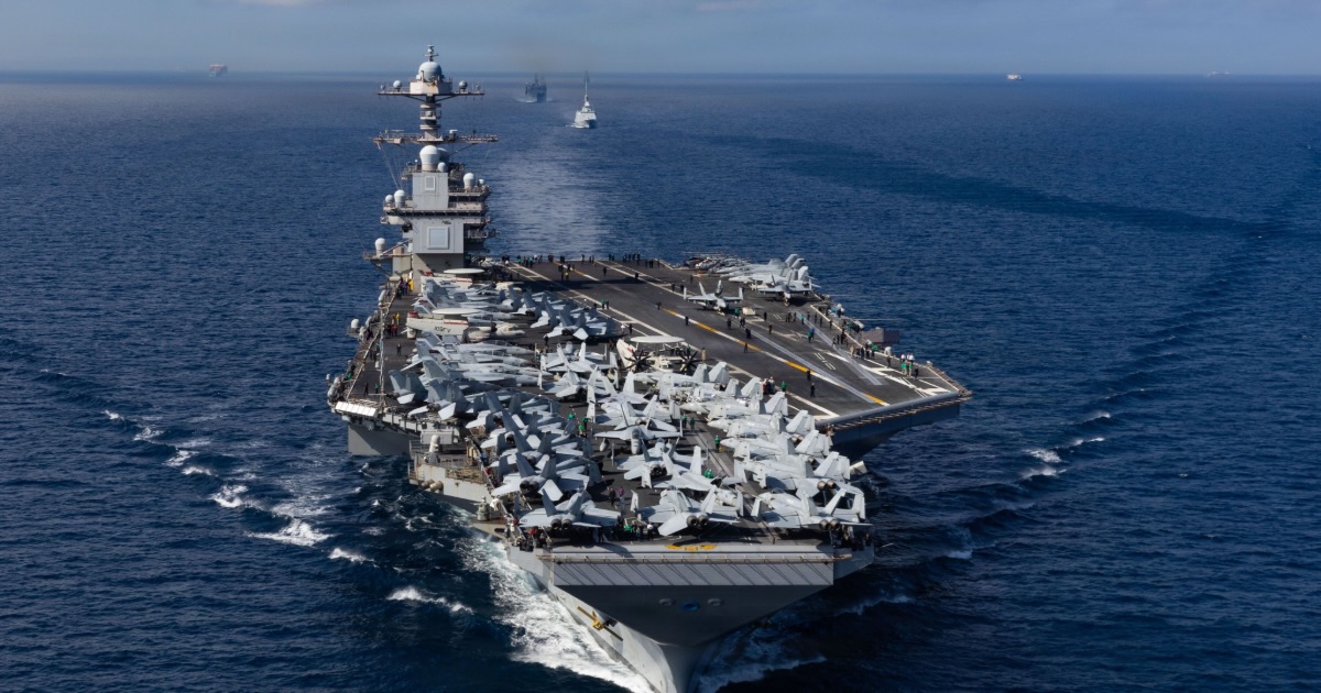 In this handout provided by the US Navy, the USS Gerald R Ford steams while transiting the Strait of Gibraltar, on October 1, 2025. Alyssa Joy/US Navy/Getty Images