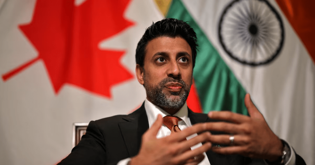 Canadian Minister of International Trade Maninder Sidhu gestures as he speaks during an interview with Reuters at the residence of the Canadian High Commissioner in New Delhi, India, November 13, 2025. REUTERS/Anushree Fadnavis