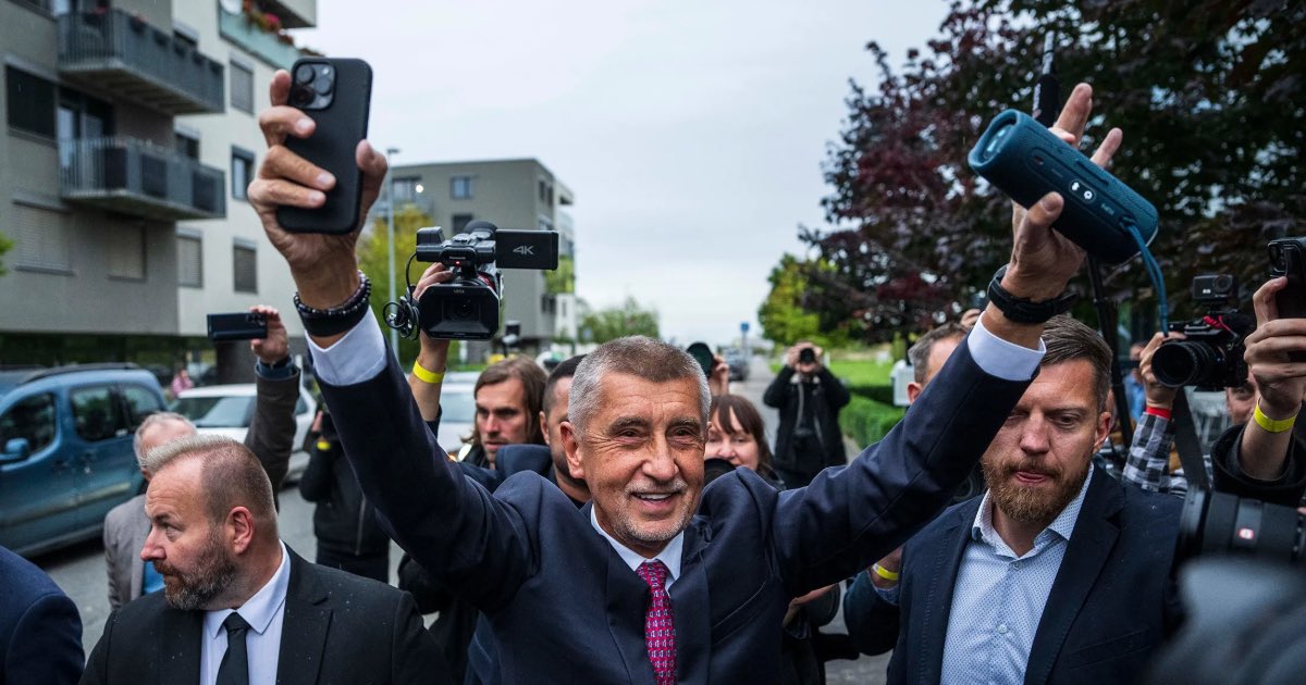 Andrej Babis, center, celebrates while arriving at the ANO headquarters in Prague on Oct. 4. Photographer: Milan Jaros/Bloomberg