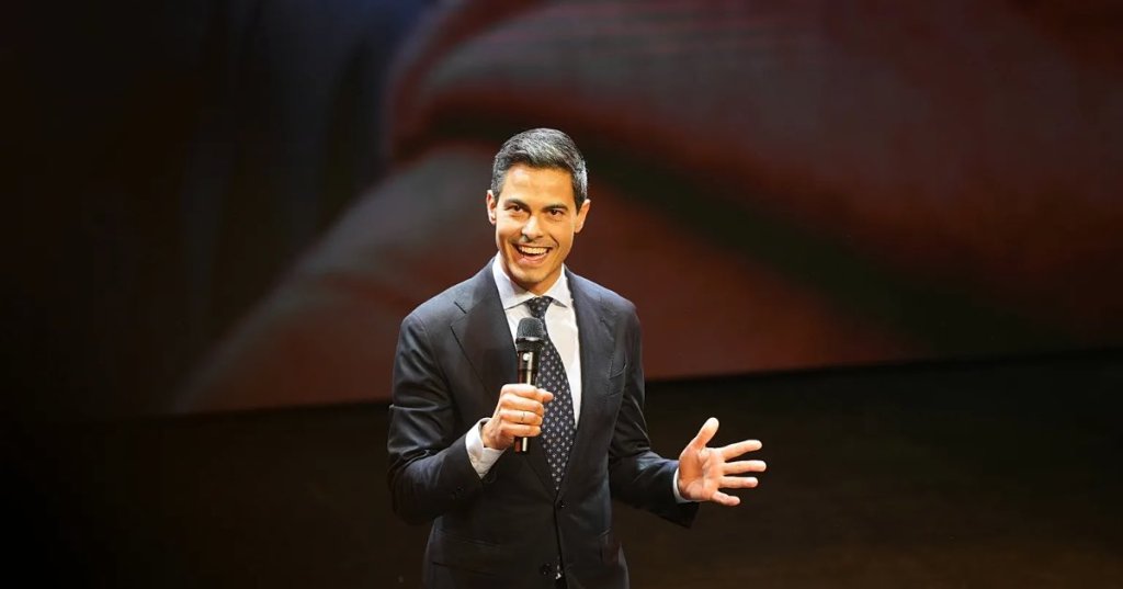 Rob Jetten, leader of the center-left D66 party, speaks on stage during exit poll results an election venue during a general election in Leiden - Copyright AP Photo