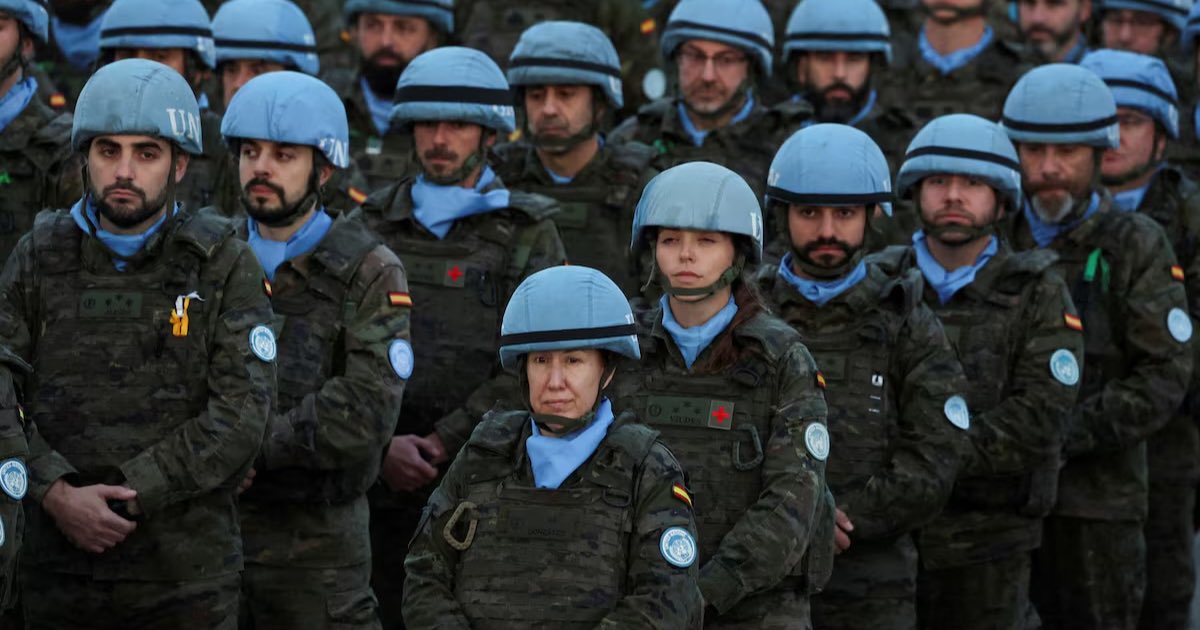 Spanish peacekeeping officers stand in formation during Spain's defence minister Margarita Robles' visit to the Spanish United Nations Interim Forces (UNIFIL) in Marjaayoun, Southern Lebanon January 20, 2025. REUTERS/Mohamed Azakir/File Photo