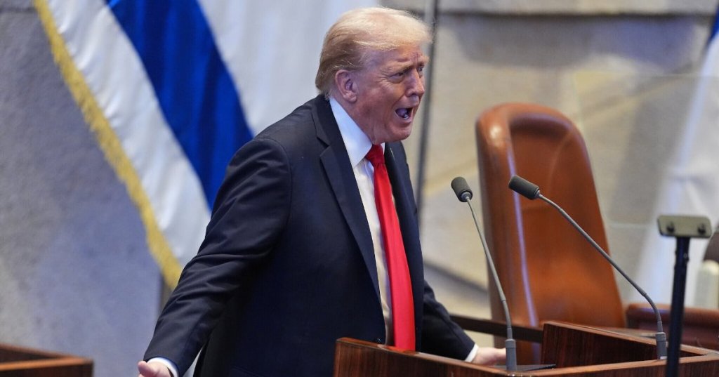 US President Donald Trump speaks to the Knesset, October 13, 2025, in Jerusalem. (AP Photo/Evan Vucci, Pool)