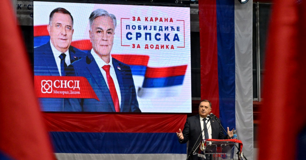 A photo taken on November 13, 2025, in the town of Foca in eastern Bosnia and Herzegovina shows Milorad Dodik, former president of Republika Srpska and leader of the SNSD party (Alliance of Independent Social Democrats), attending a pre-election rally. AFP PIC