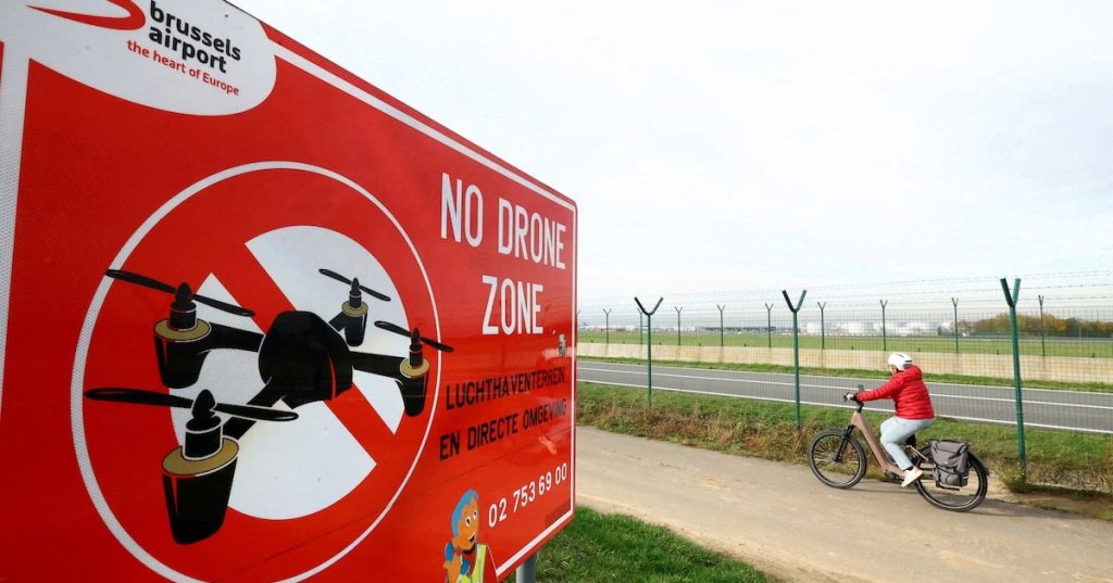 A "No Drone Zone" placard at Brussels international Airport in Zaventem on the day of an emergency meeting of Belgian government officials and experts, following drone sightings that closed Brussels Airport, in Zaventem, Belgium, November 6, 2025. REUTERS/Yves Herman/File Photo