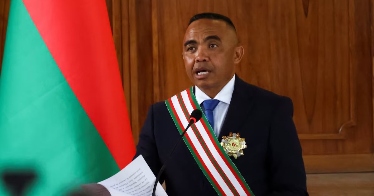 Madagascar's new military ruler, Colonel Michael Randrianirina, speaks after being sworn in as president on Friday taking over from Andry Rajoelina following a coup that ousted him, at the constitutional court in Antanariv , Madagascar, October 17, 2025. REUTERS/Siphiwe Sibeko