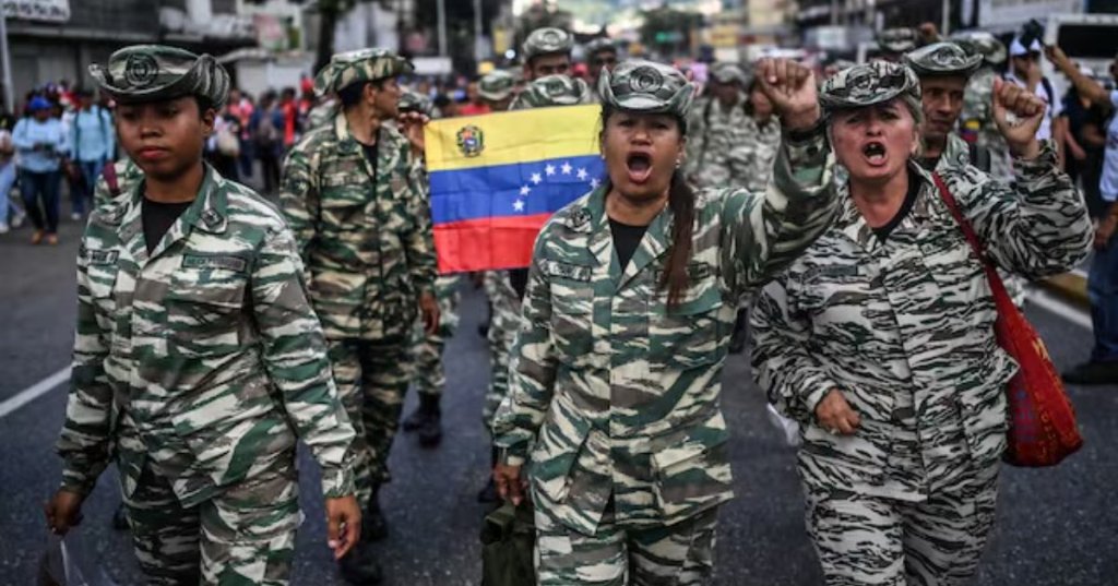 Members of the Bolivarian militia demonstrate outside the United Nations headquarters in Caracas, Venezuela, on Oct. 6. (Juan Barreto/AFP/Getty Images)