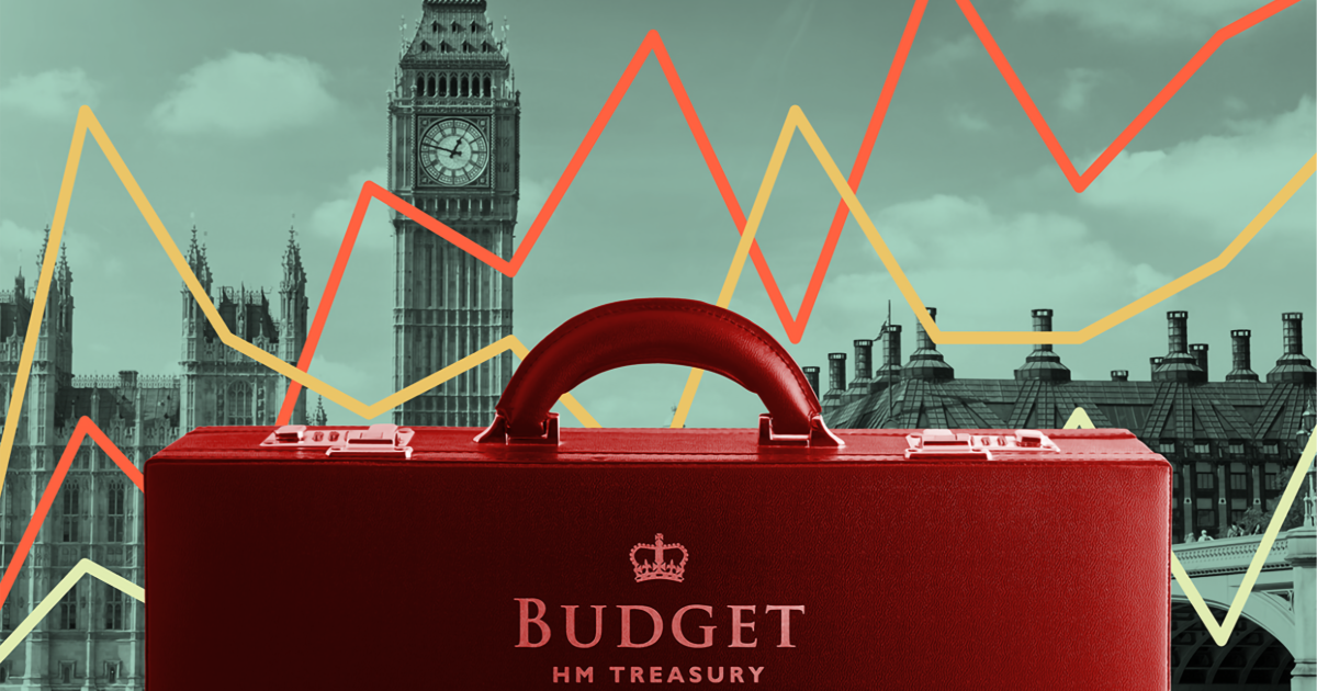 The image shows the UK Chancellor's red budget box, also known as a despatch box, a powerful symbol in British politics. © FT Montage