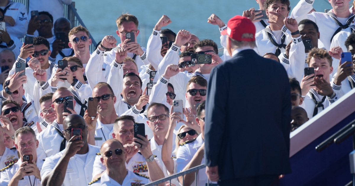 President Donald Trump arrives to speak during a celebration for the 250th anniversary of the U.S. Navy aboard the USS Harry S. Truman at Naval Station Norfolk, Sunday Oct. 5, 2025 in Norfolk, Va.