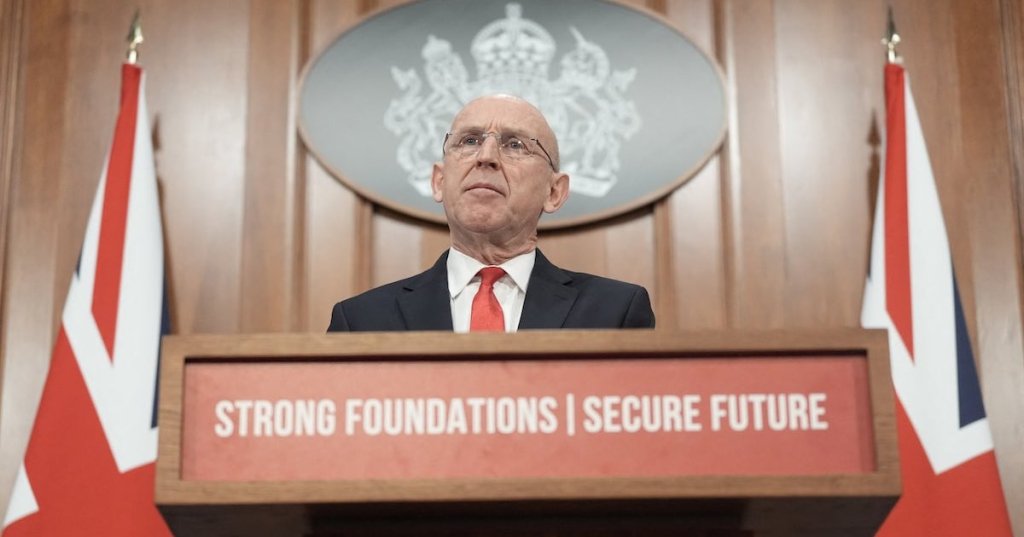 British Defence Secretary John Healey delivers a speech on how the UK's defence industry is delivering growth and national renewal across the UK, at No 9 Downing Street in central London. Picture date: Wednesday November 19, 2025. Stefan Rousseau/Pool via REUTERS