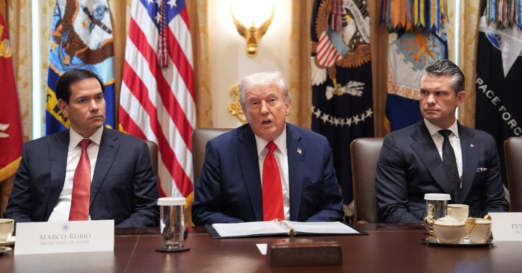 President Donald Trump speaks during a cabinet meeting at the White House, October 9, 2025, in Washington, DC, as Secretary of State Marco Rubio, left, and Defense Secretary Pete Hegseth, right, look on. (AP/Evan Vucci)
