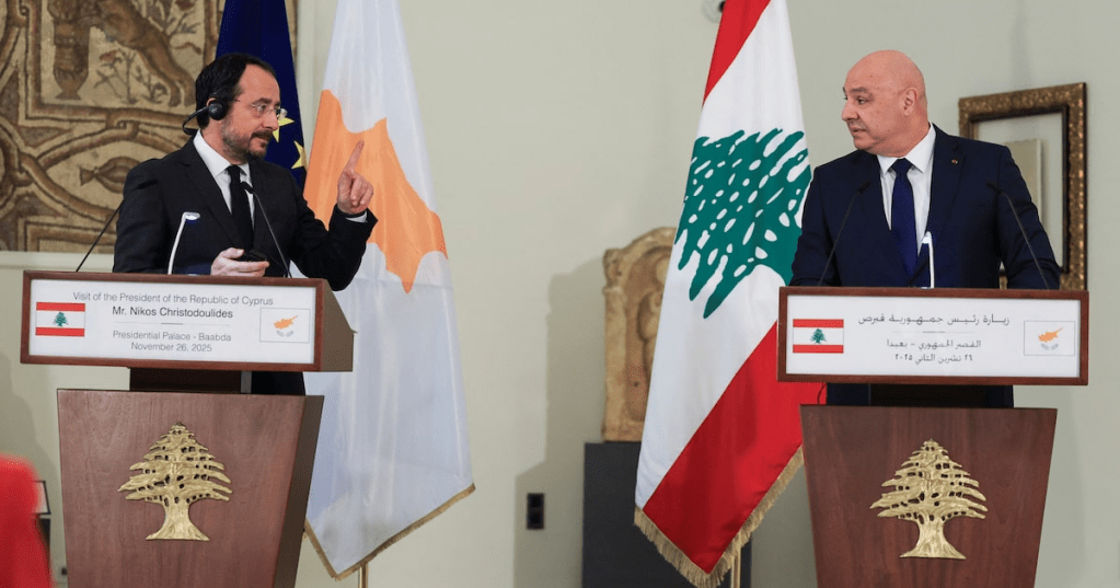 Cyprus' President Nikos Christodoulides and Lebanese President Joseph Aoun attend a press conference after the signing of the maritime demarcation agreement, at the presidential palace in Baabda, Lebanon November 26, 2025. REUTERS/Mohamed Azakir