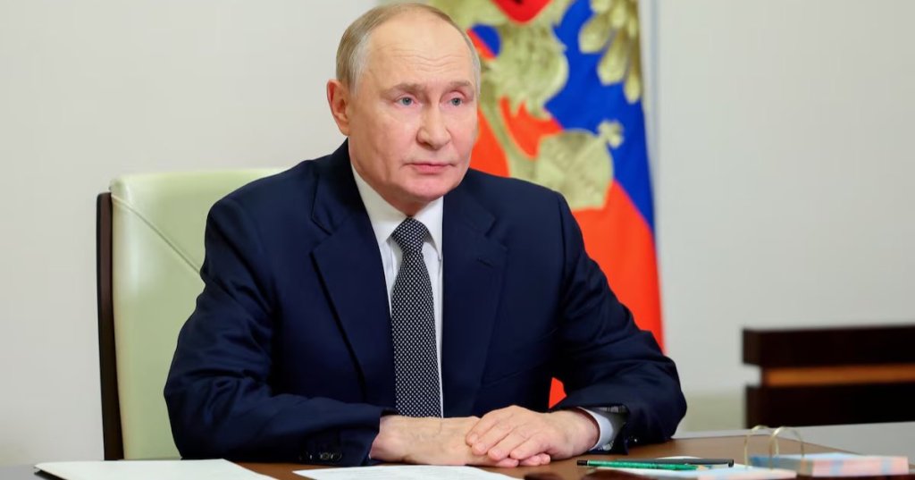 Russian President Vladimir Putin chairs a meeting with members of the Security Council via a video link at the Novo-Ogaryovo state residence outside Moscow, Russia, October 7, 2025. Sputnik/Andrey Babushkin