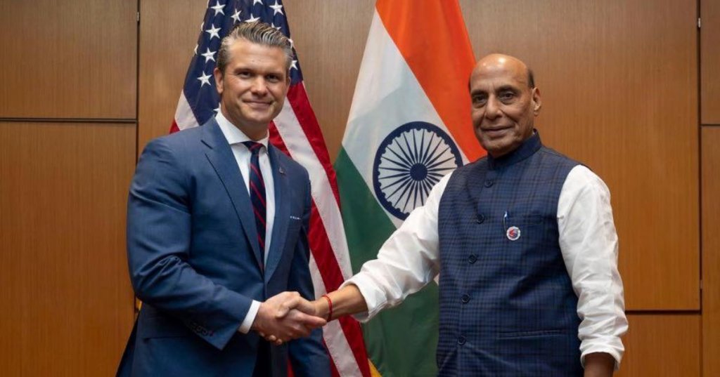 US Defence Secretary Pete Hegseth and his Indian counterpart Rajnath Singh in Kuala Lumpur. (credit .. BBC News)