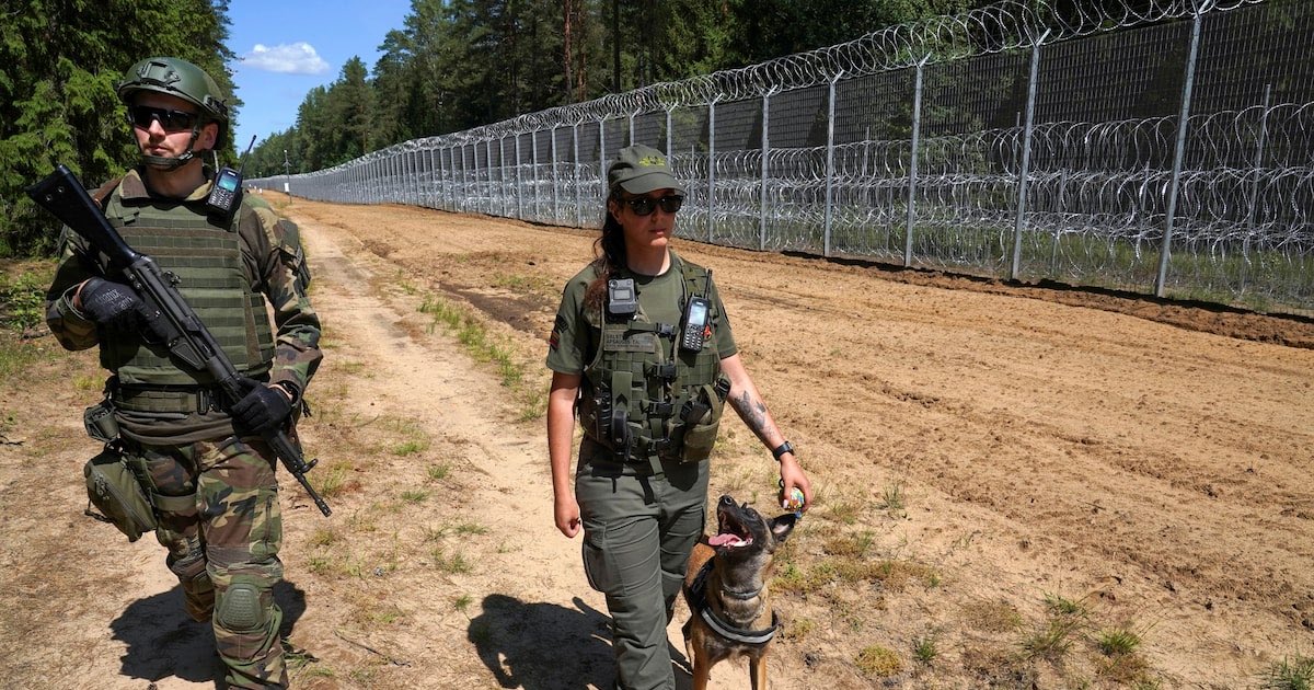 A member of Lithuanian Riflemen's Union and a Border Guard officer patrol along Belarus border in Kaniukai, Lithuania July 7, 2023. REUTERS/Janis Laizans