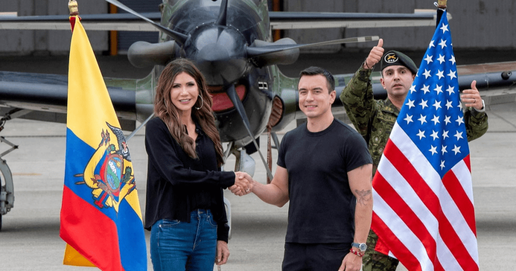 Ecuador’s President Daniel Noboa and U.S. Homeland Security Secretary Kristi Noem shake hands at Eloy Alfaro Air Base in Manta, Ecuador, November 5, 2025. Alex Brandon/Pool via REUTERS/File