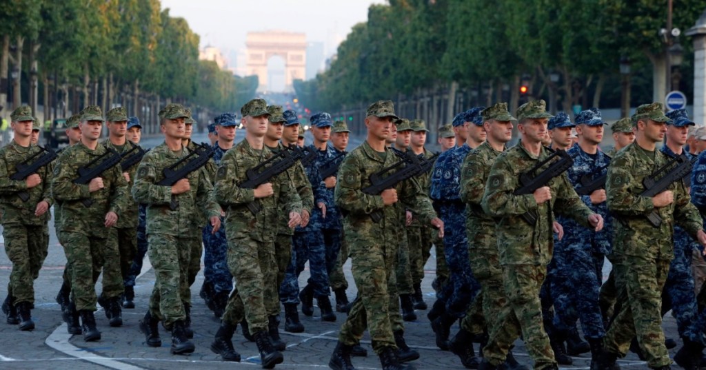 Army Forces of Croatia walk during the rehearsal of the French Bastille Day parade at the Champs-Elysees avenue in Paris, Tuesday, July 9, 2013. (AP Photo/Francois Mori, File) (Copyright 2024 The Associated Press. All rights reserved.)
