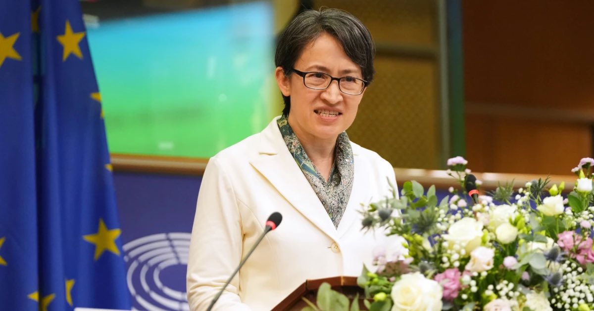 Taiwan's Vice President Bi-Khim Hsiao speaks during an event at the European Parliament in Brussels, Friday, Nov. 7, 2025. (AP Photo/Virginia Mayo)