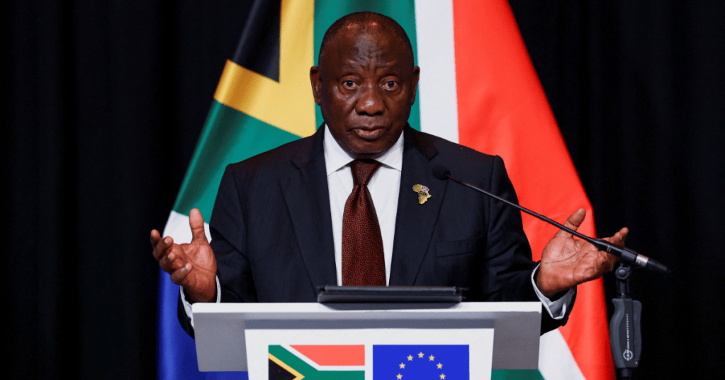 South Africa’s President Cyril Ramaphosa gestures during a news conference with European Commission President Ursula von der Leyen and European Council President Antonio Costa at the end of a South Africa-EU leaders meeting, ahead of the G20 Summit, in Johannesburg, South Africa, Nov. 20, 2025. (Reuters Photo)
