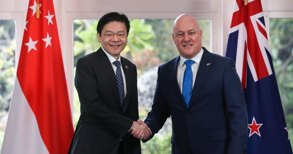 Prime Minister Lawrence Wong of Singapore standing beside New Zealand Prime Minister Christopher Luxon. [Photo shared by Lawrence Wong via X on October 10, 2025.]