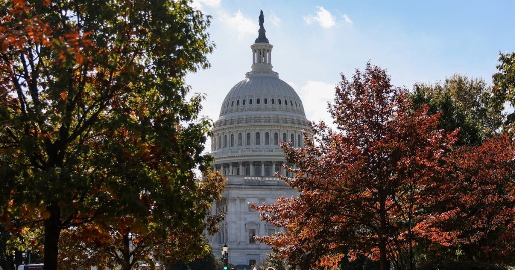 The U.S. Capitol building is framed between trees with fall foliage, weeks into the continuing U.S. government shutdown, in Washington, D.C., U.S., October 27, 2025. REUTERS/Kylie Cooper/File Photo