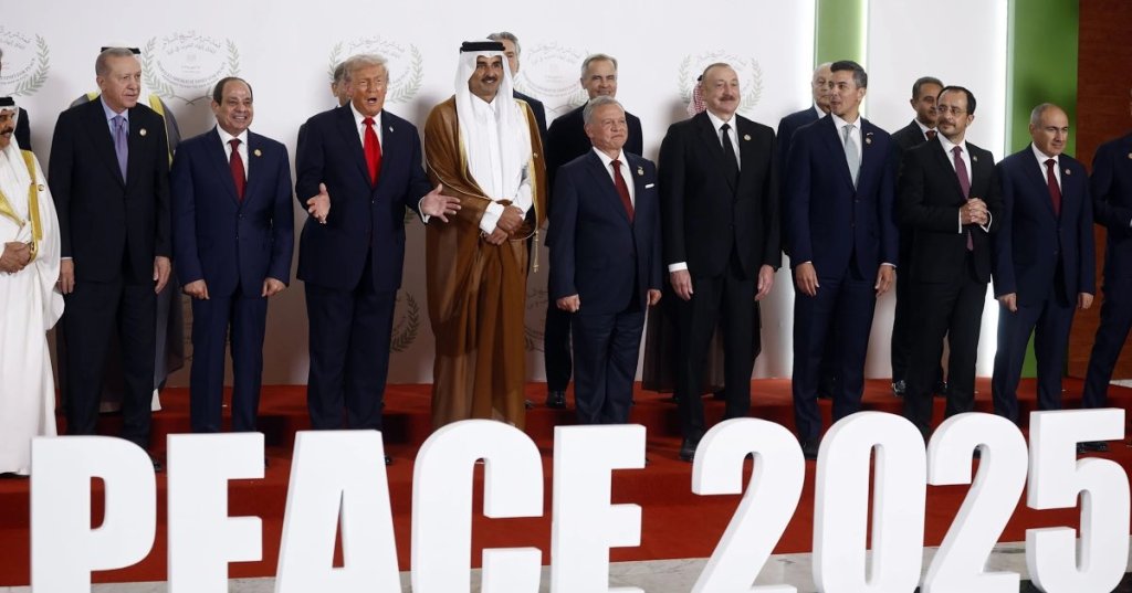 Yoan Valat/EPA/Shutterstock - PHOTO: World leaders including U.S. President Donald Trump and Egypt's President Abdel Fattah al-Sisi pose for a family photo, at a world leaders' summit on ending the Gaza war, in Sharm el-Sheikh, Egypt, October 13, 2025.