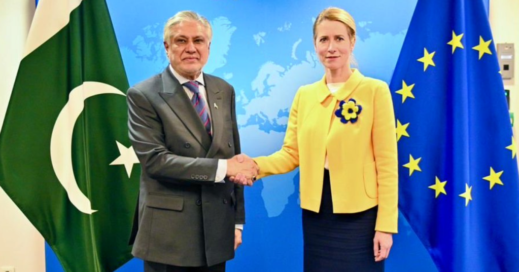 Pakistan’s Deputy Prime Minister Ishaq Dar meets EU High Representative Kaja Kallas in Brussels on November 22, 2025. (Pakistan’s Foreign Office)