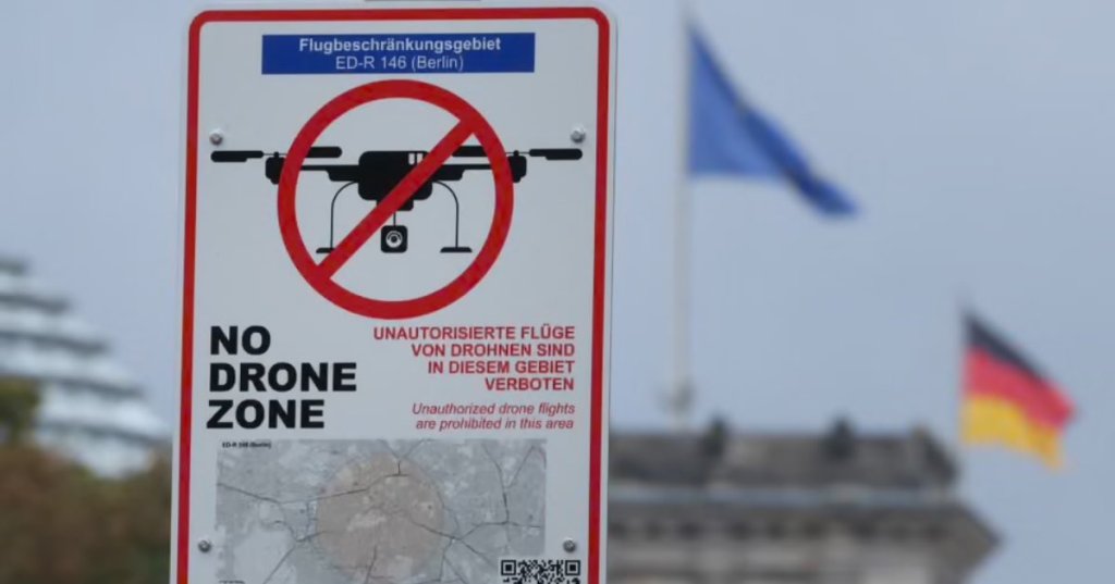 A sign next near the Reichstag says drones are illegal in the city centre. Photograph: Sean Gallup/Getty Images