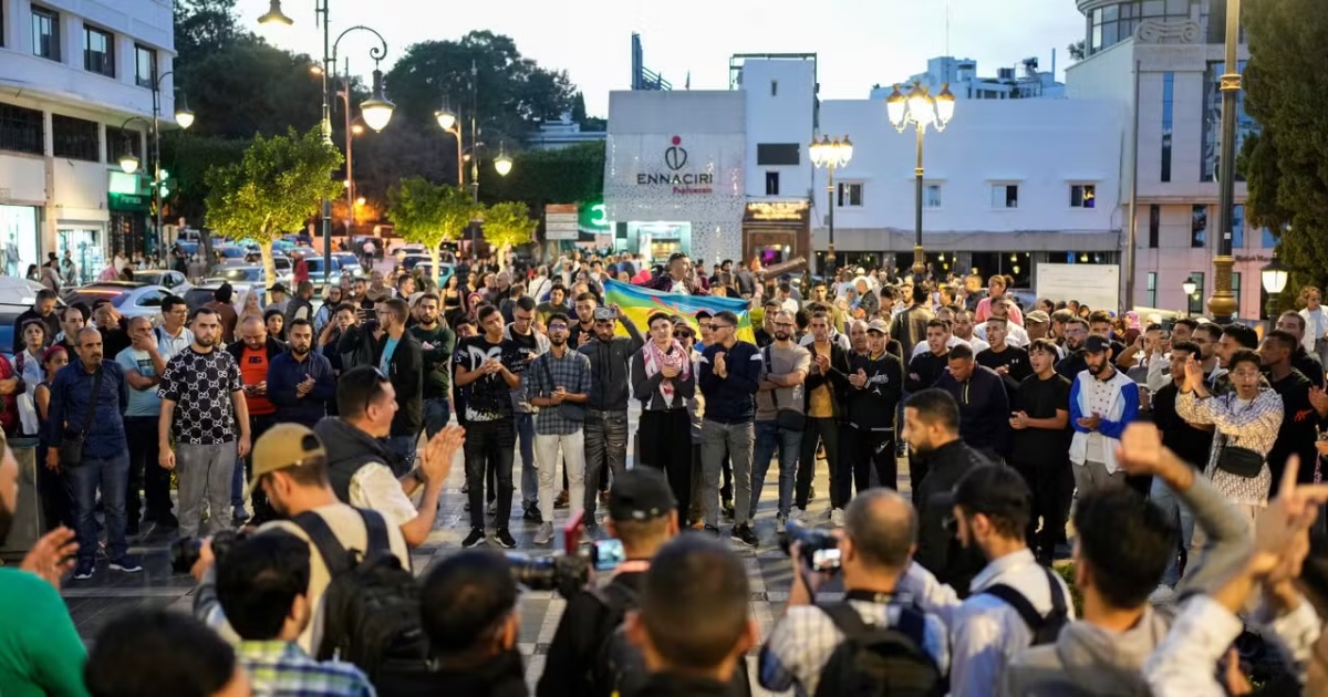 People take part in a youth led protest calling for education and healthcare reforms, in Tangier, Morocco, Saturday, Oct. 18, 2025 MOSA'AB ELSHAMY AP