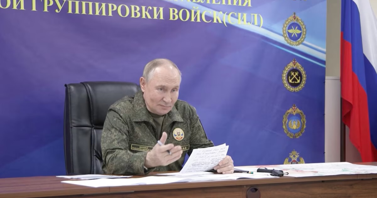 Russian President Vladimir Putin speaks, as he visits the army command centre in the course of the Russia-Ukraine conflict, in an unidentified location, in this still image taken from a video released October 26, 2025. Kremlin.ru/Handout via REUTERS