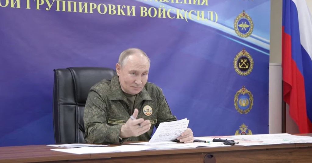 Russian President Vladimir Putin speaks, as he visits the army command centre in the course of the Russia-Ukraine conflict, in an unidentified location, in this still image taken from a video released October 26, 2025. Kremlin.ru/Handout via REUTERS