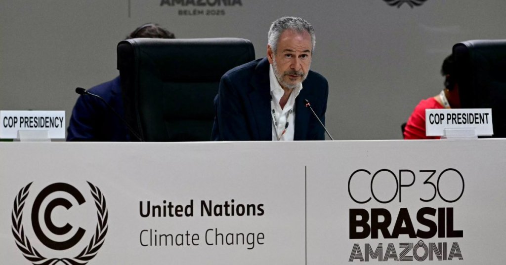 COP30 President Andre Correa do Lago speaks during a plenary session of the COP30 UN Climate Change Conference in Belem, Para state, Brazil (AFP)